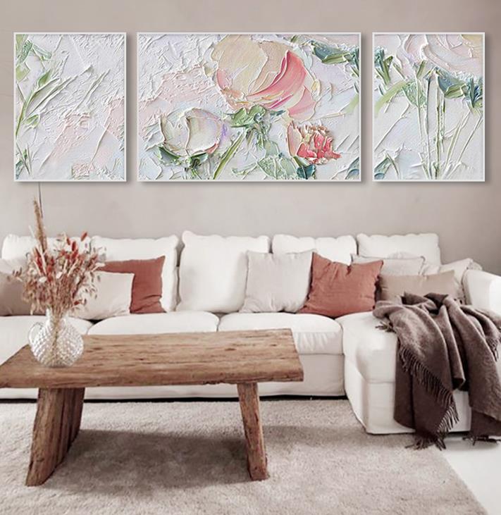 Flower tryptic by Palette Knife wall decor Oil Paintings